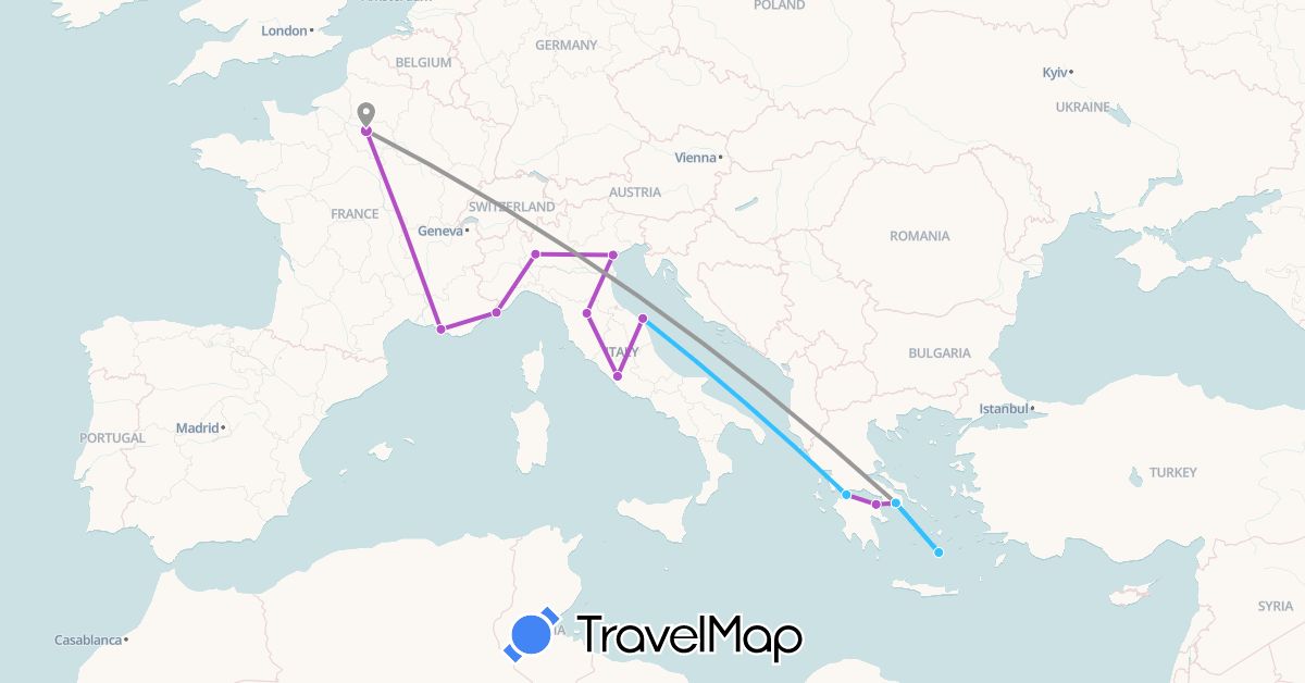 TravelMap itinerary: plane, train, boat in France, Greece, Italy (Europe)